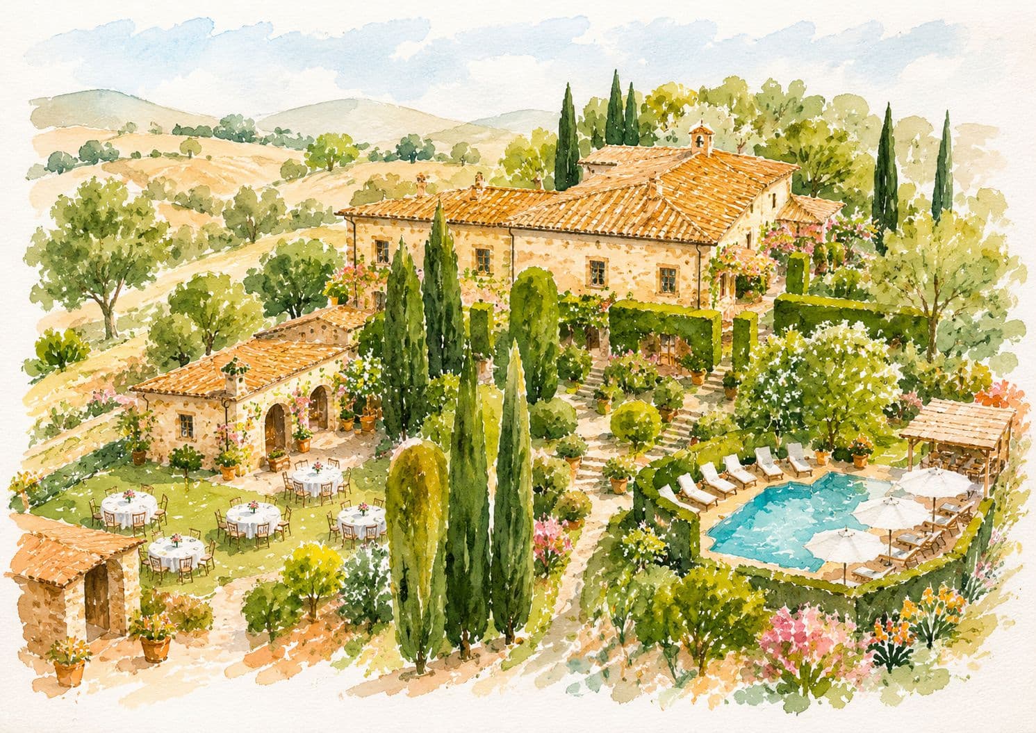 Aquarel illustratie van de trouwlocatie in Toscane